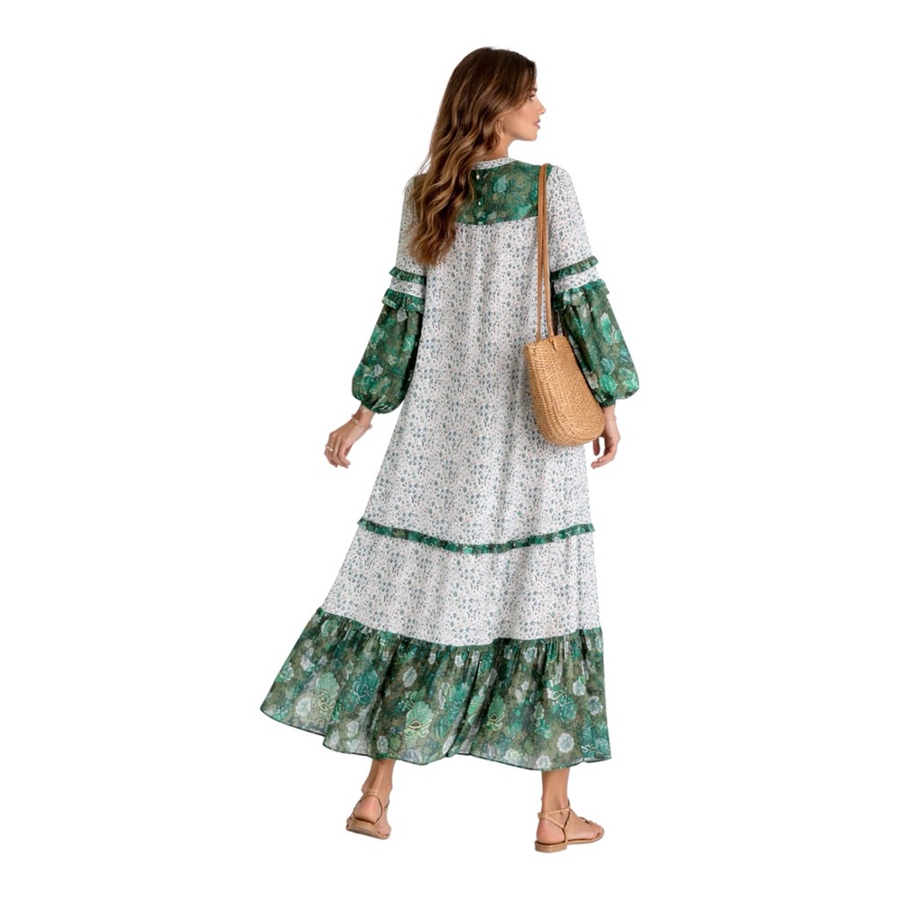 R Vivimos Green Floral Boho Maxi Dress Size L 12/14 Long Sleeve Side Slit - Picture 2 of 5